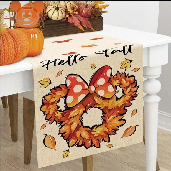 13x72 Table Runner Disney Minnie Mickey Mouse Fall Leaves Fabric Mantel scarf - Picture 3 of 5